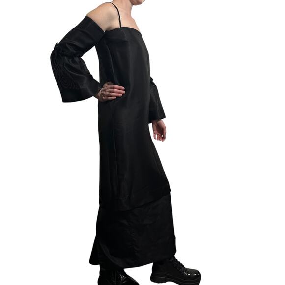 The Row Layered Midi Dress size 2 Black Puff Sleeves Ruffle SS14 RTW - Picture 15 of 16